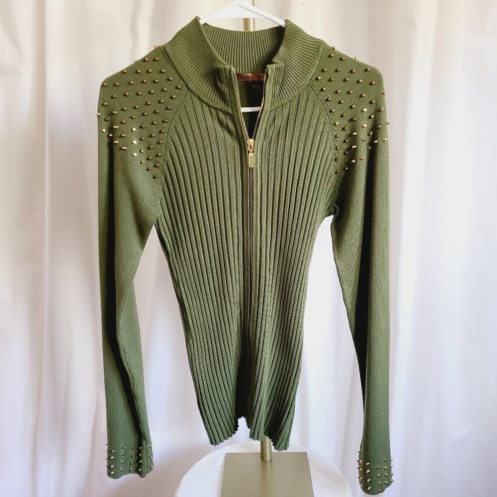 Beldini Brand Studded Shoulder & Wrist Olive Zip Front Cardigan